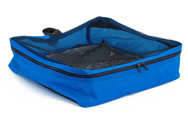 An empty and zipped closed Island (blue) Aether Large Aeronaut 45 Packing Cube.